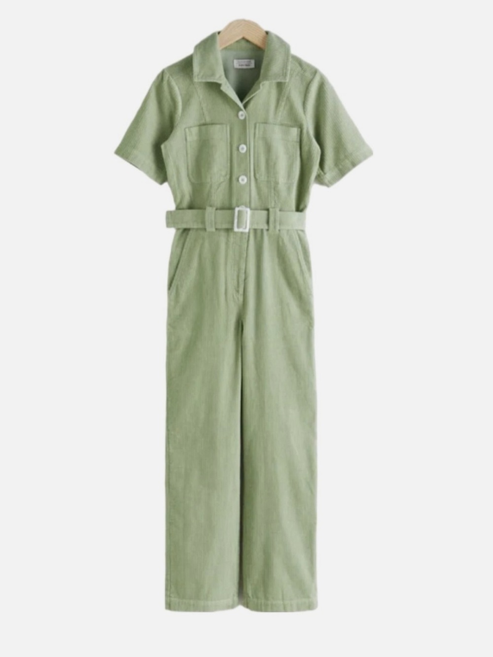& other stories Short Sleeve Belted Wide corduroy Jumpsuit in Sage Green